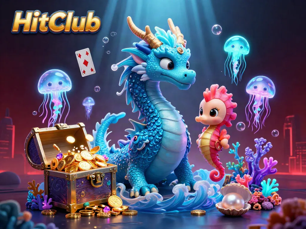 HitClub showcases a stunning 3D dragon and knight amidst vibrant casino treasures and glowing sea life.