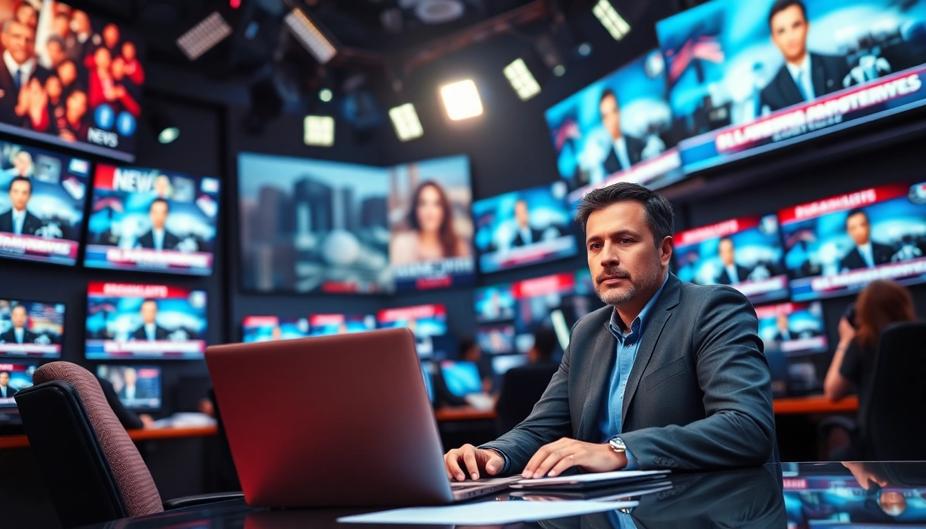 Catch live news updates with a professional news reporter in an energetic newsroom.