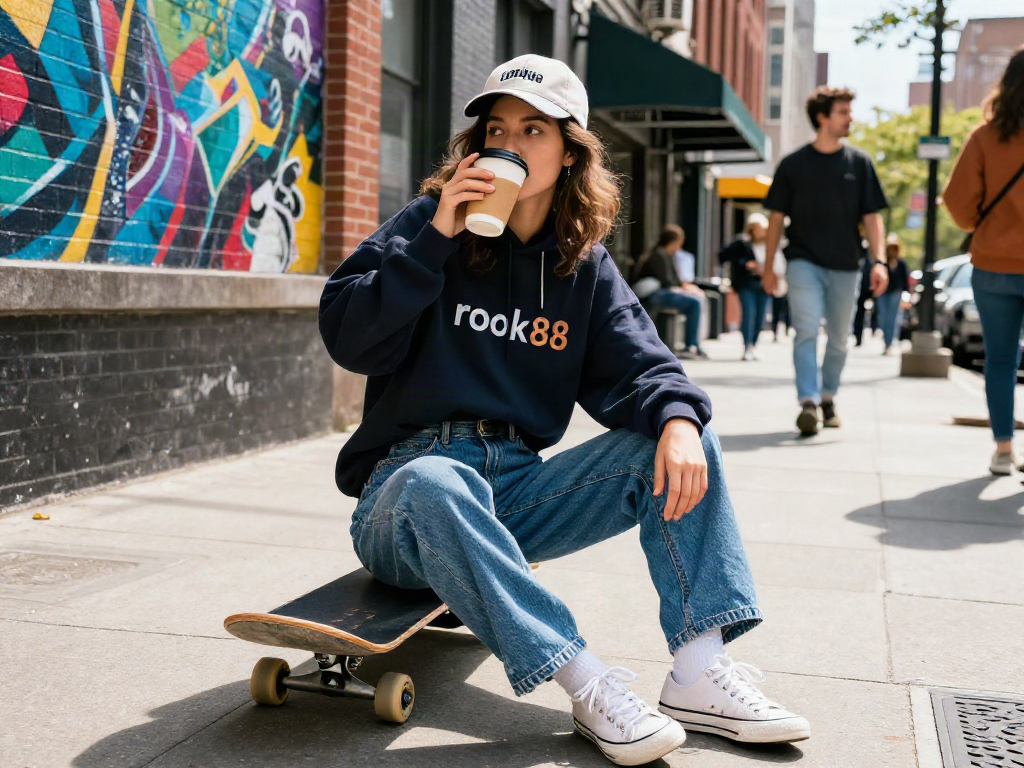 Stylish individual enjoying urban life with rokok88 streetwear and skateboard.