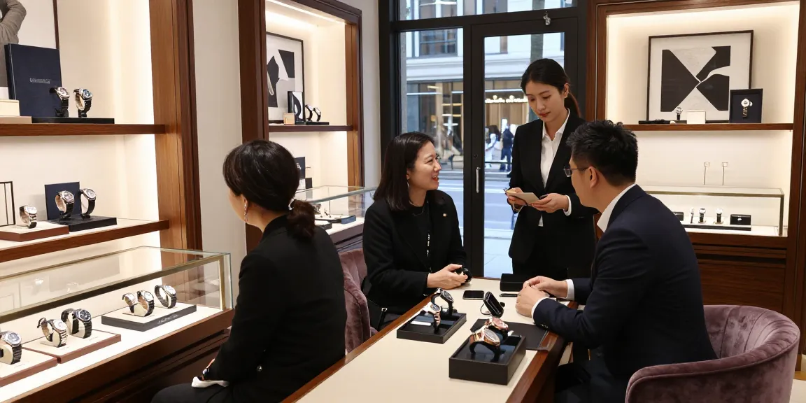 Stylish boutique displaying high-quality 시계 레플리카 with customers engaging