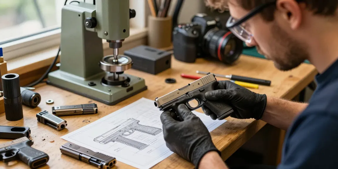 Precision Glock slides customization workshop at https://precisionglockslides.com with skilled gunsmith inspecting slide.
