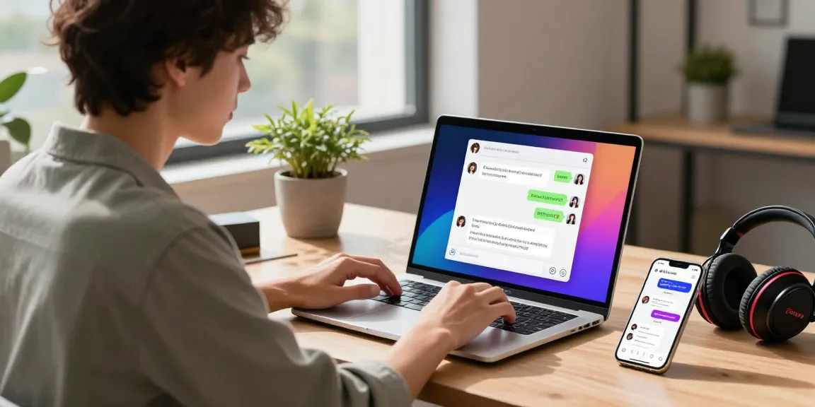 User interacting with AI girlfriend on a laptop, exploring chat features within a modern home office setup.