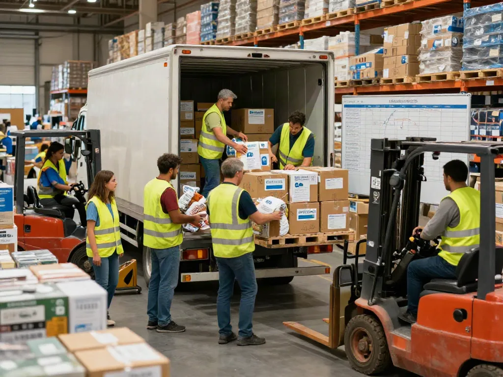 Hilfstransport von Deutschland: Team transportiert dringend benötigte Güter in einem Lager.