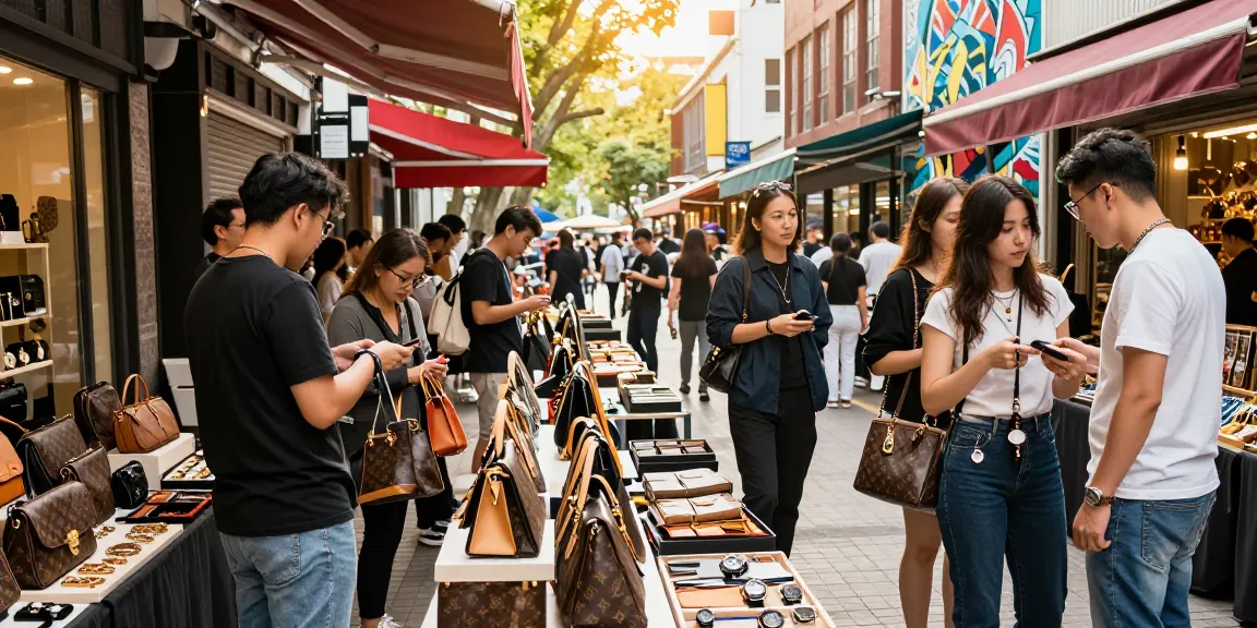 Engaged shoppers explore high-quality 레플리카 items at a vibrant urban market.