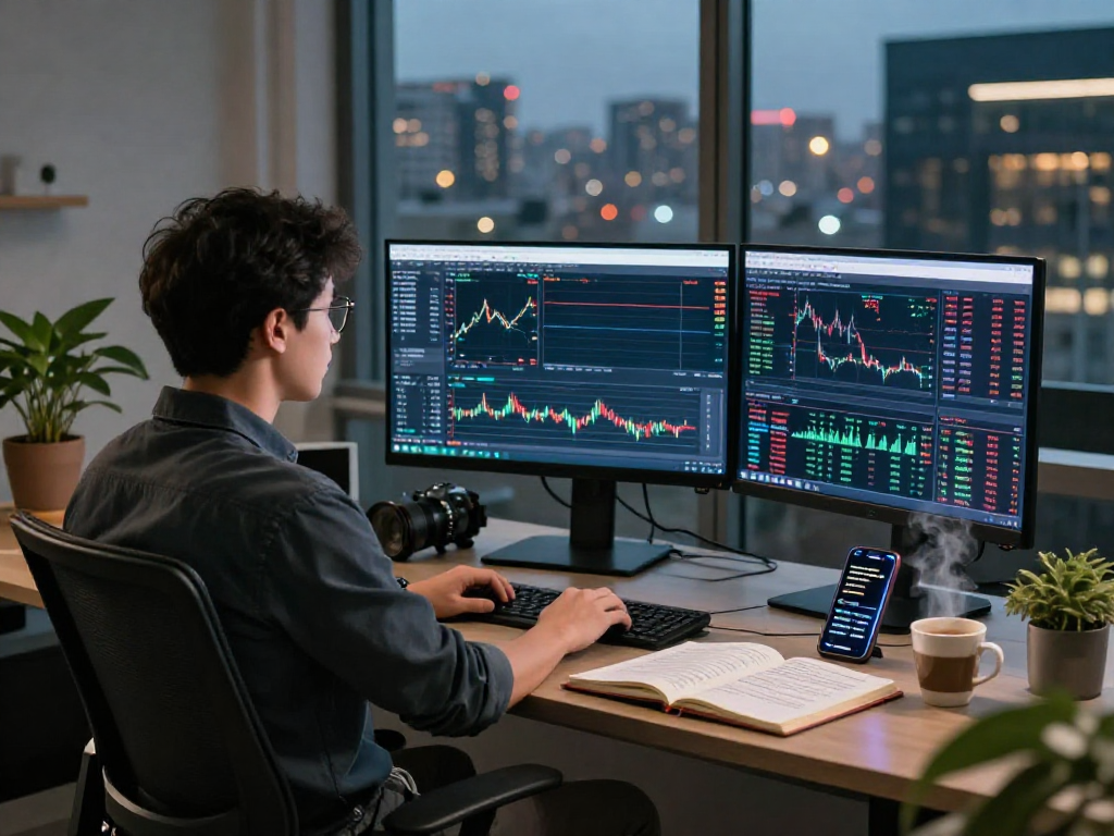 Trader analyzing MetaTrader 5 dashboard in a modern office setup.