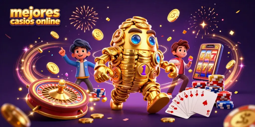 Disfruta de los mejores casinos online con un golem dorado rodeado de monedas y fichas
