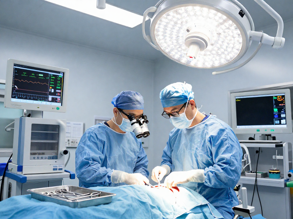 Dar kanal ameliyatı taking place in a modern surgical room, showcasing precision instruments and a focused atmosphere.