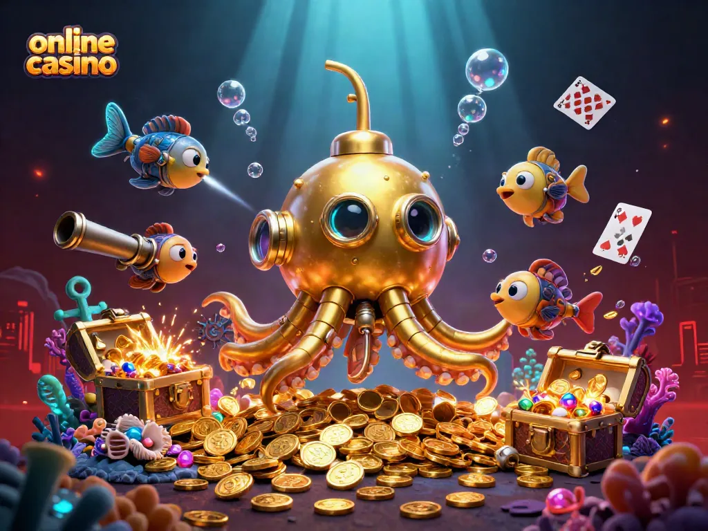 Disfruta de la emoción del casino en línea con un submarino dorado emergiendo entre monedas.