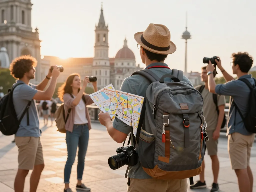Excited traveler packing for a guided tour to visite site of iconic landmarks.