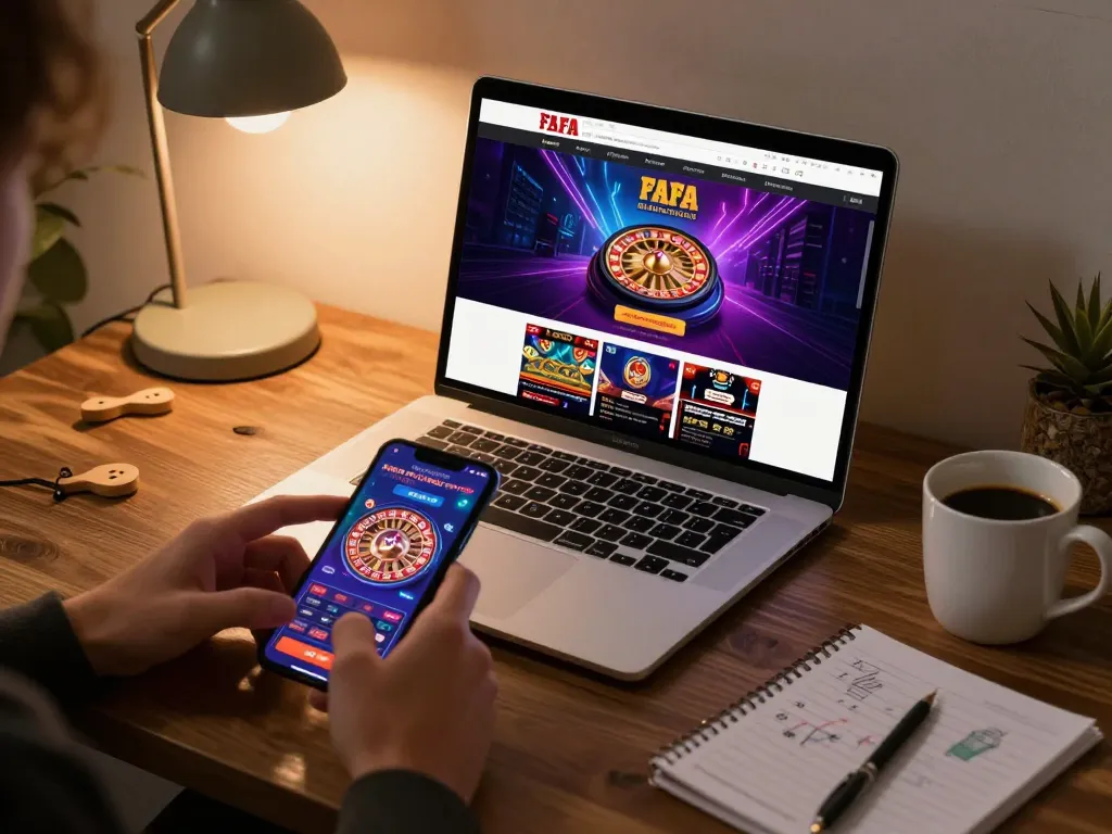 FAFA 828 online gaming setup with mobile devices displaying vibrant casino games and strategic notes.