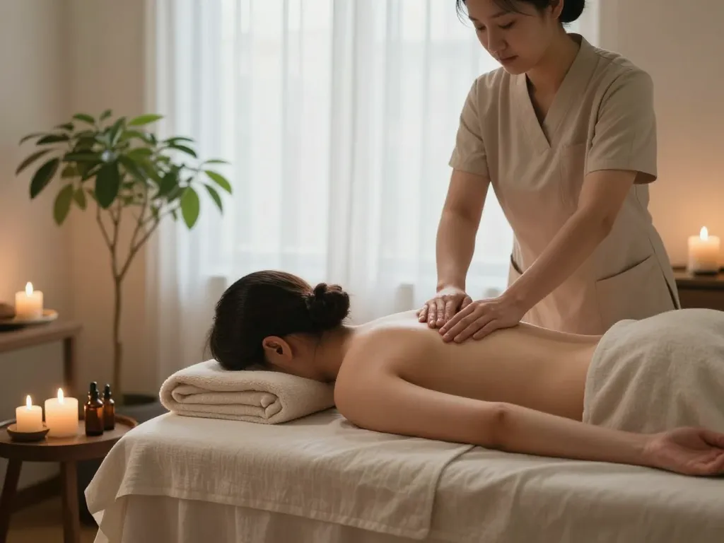 Expert 스웨디시 massage being performed in a tranquil spa setting with soothing ambiance and natural light.