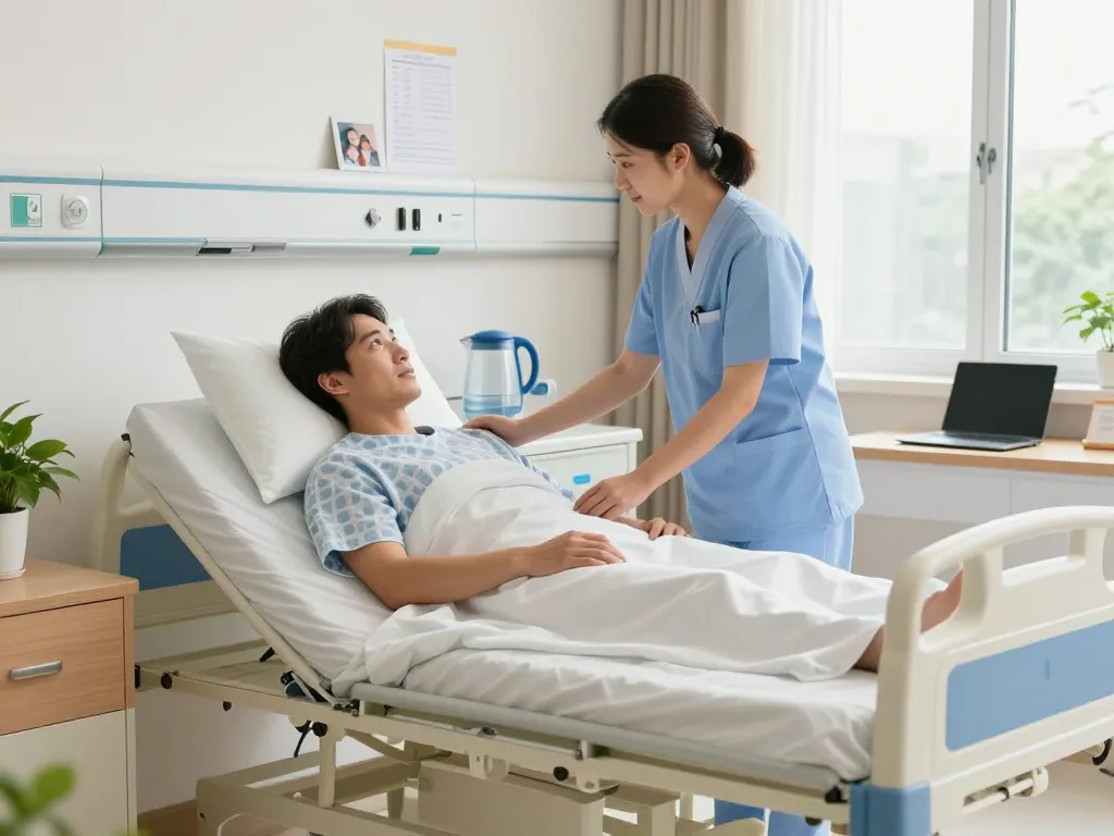 Modern giường bệnh nhân in a cozy hospital room with caregiver and patient interaction.