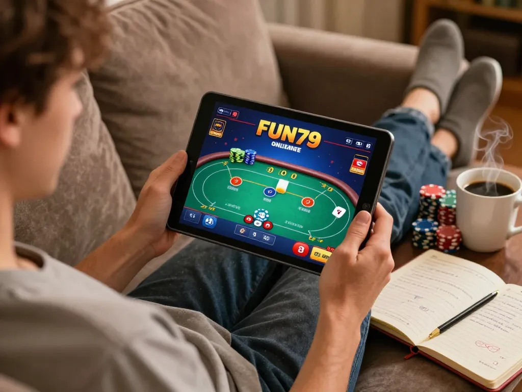 Enjoying a poker game on FUN79 platform, cozy home setup with tablet and strategic notes.