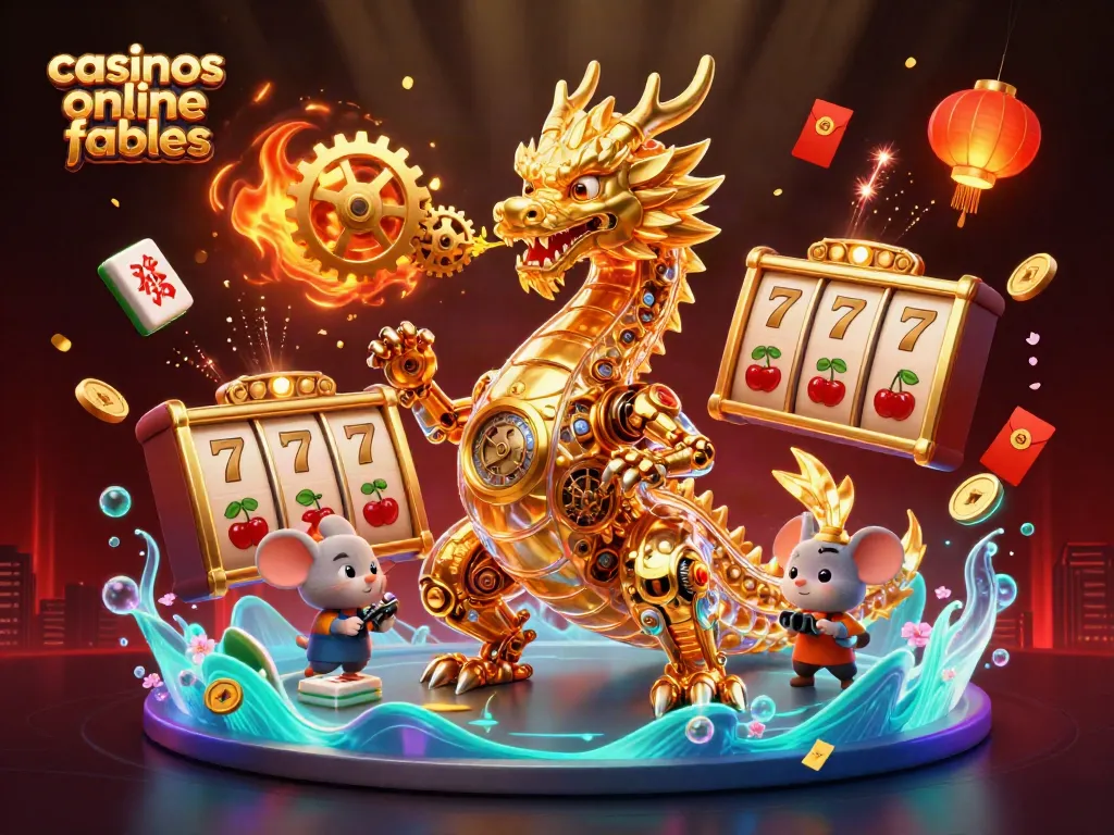 Disfruta de juegos en los casinos online fiables con un dragón dorado y elementos de casino vibrantes.
