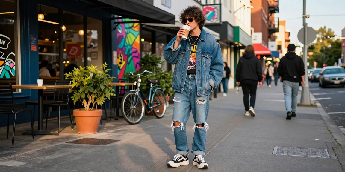 Stylish individual in urban fashion outfit engaging with the street atmosphere around https://shs-dome5.com/.
