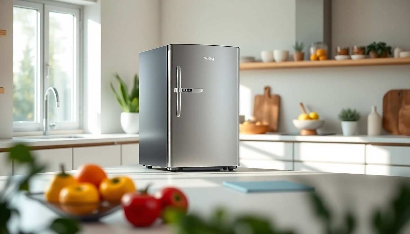 An affordable mini fridge and freezer displayed in a modern kitchen with fresh fruits around.