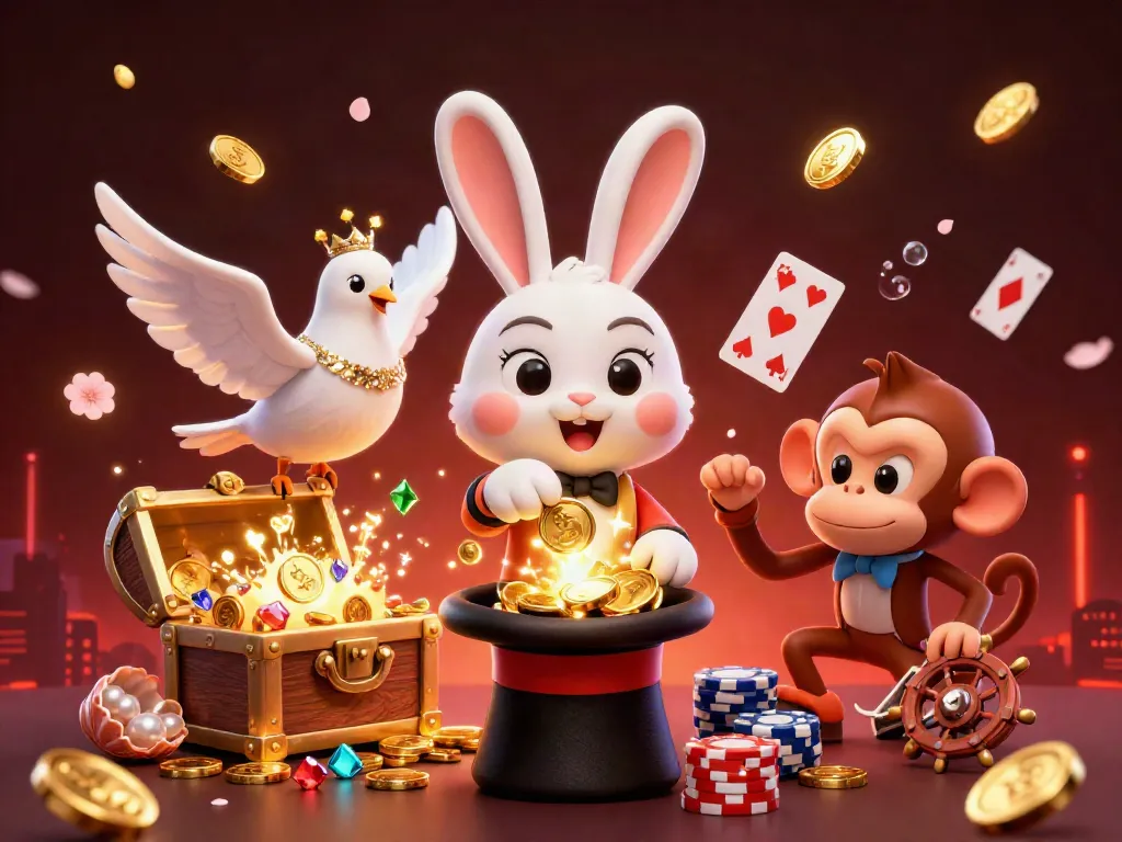 Un divertente casino non AAMS, con un coniglio mago e un'assistente, circondati da giochi e tesori.