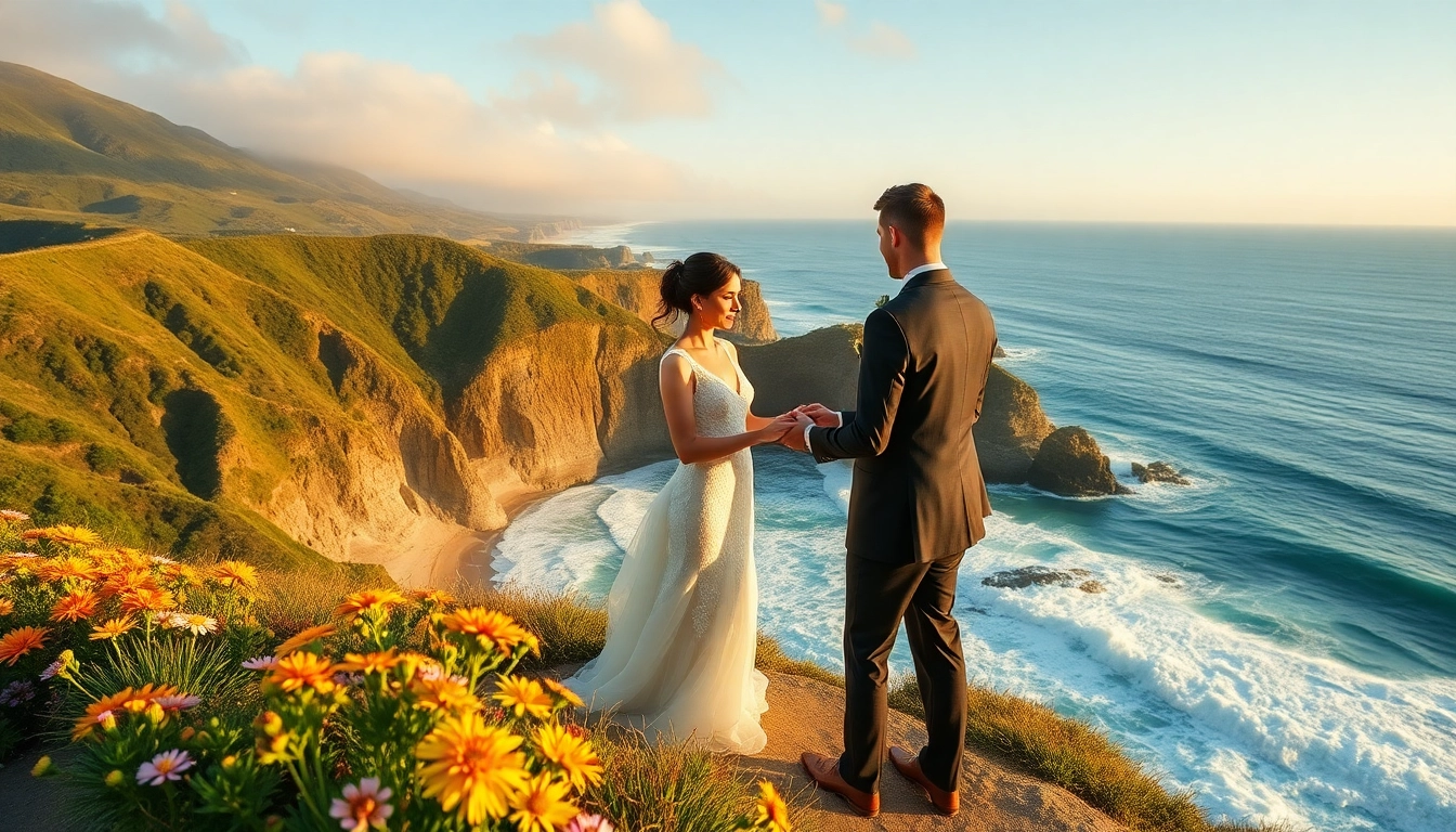 Captivating Big Sur wedding photography of a couple on a cliff with ocean backdrop.