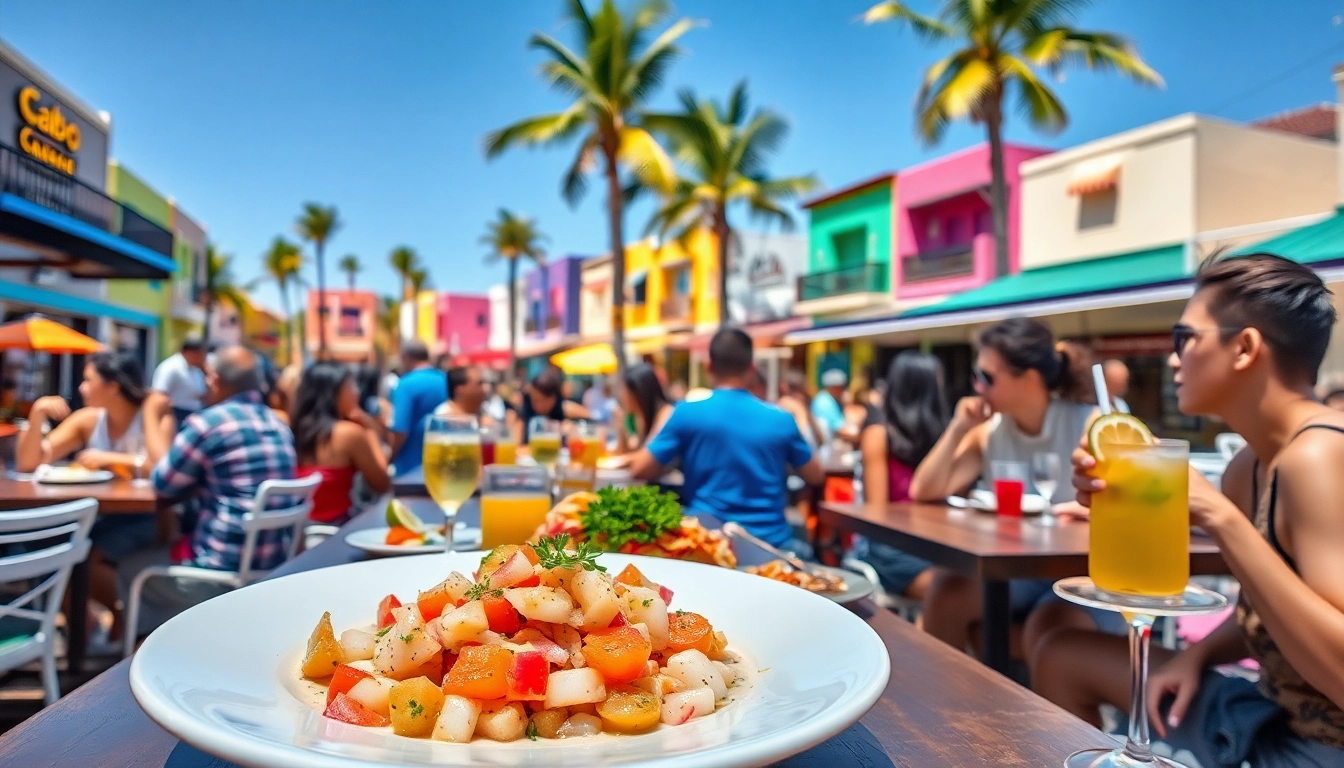 Experience delicious dining options where to eat in downtown Cabo, featuring vibrant outdoor dining and lively atmosphere.