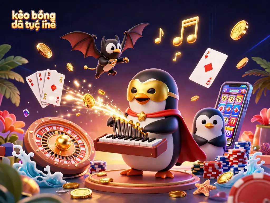 Xem kèo bóng đá trực tuyến với penguin chơi organ và bat nhào lộn, nhiều tiền vàng bay xung quanh.