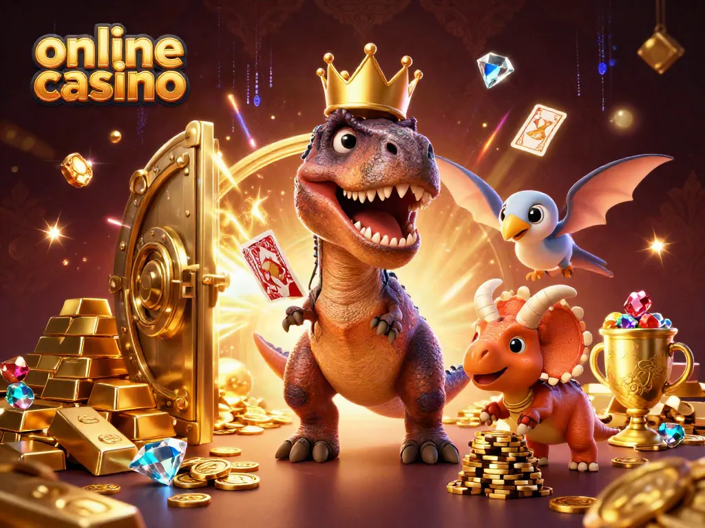 Juega en un casino online mientras un T-Rex con corona escala fichas de oro con un pterodáctilo y un triceratops.