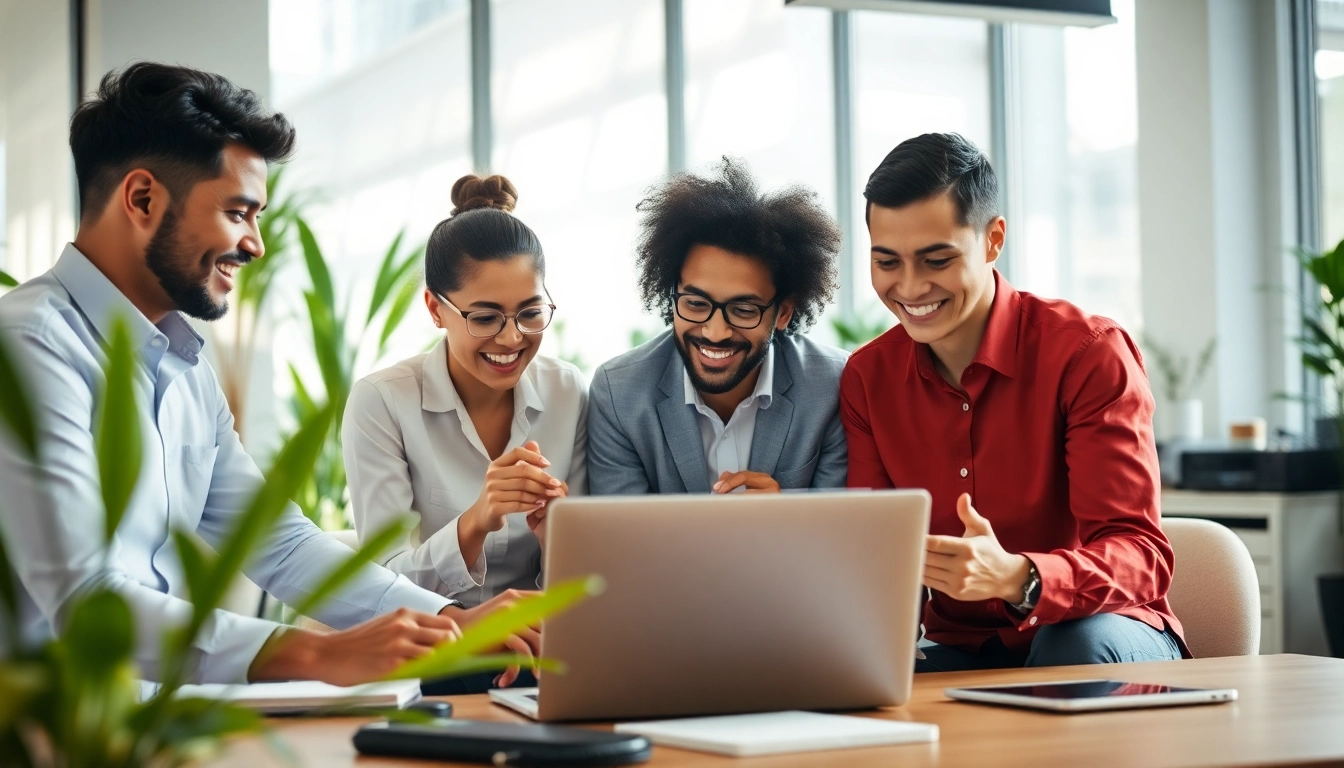 Team working together using the linkedin email enrichment tool in a modern office setting.