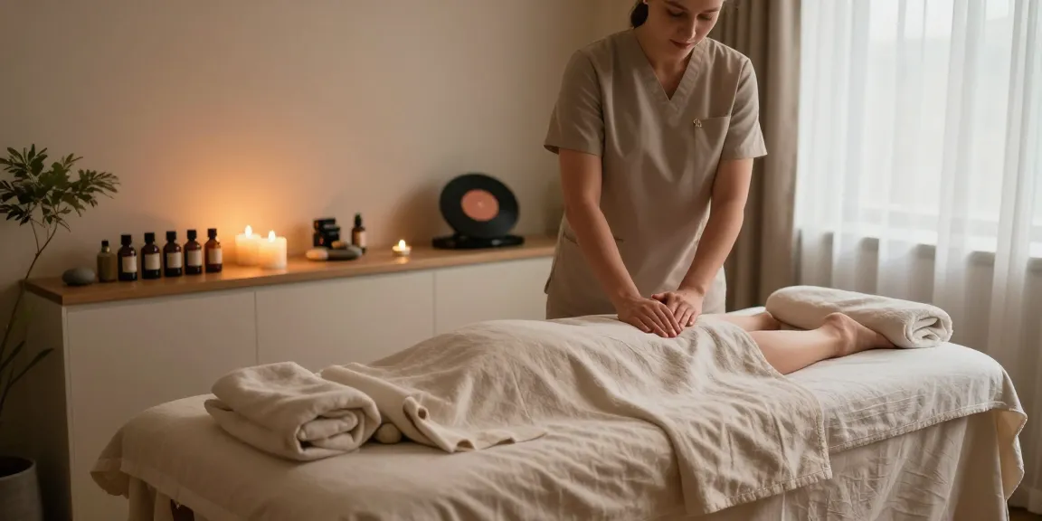 Swedish massage therapy room with calming ambiance, essential oils, and a therapist preparing for relaxation.