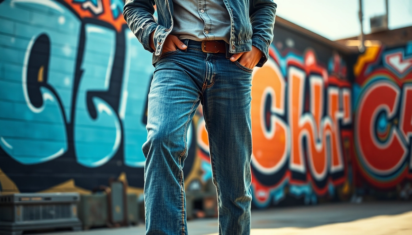 Model confidently wearing mens slim straight jeans against a colorful urban backdrop.