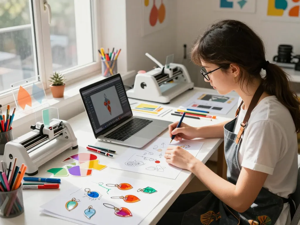 Artist designing vibrant acrylic charms in a bright studio workspace, showcasing creativity and color.