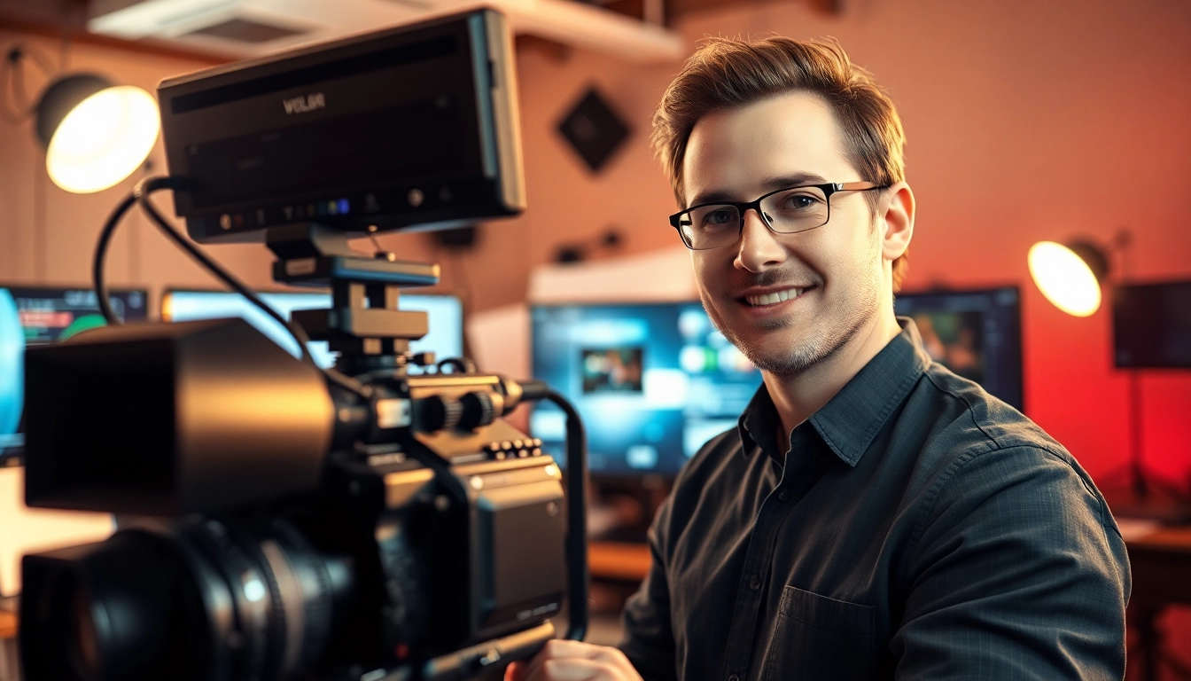Dynamic film maker engaged in video production, showcasing creativity and expertise in action.