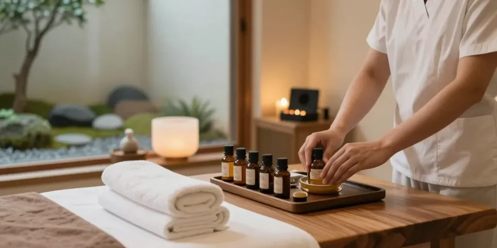 Comfortable massage therapy room for 문정동출장마사지 showcasing calming atmosphere and professional setup.