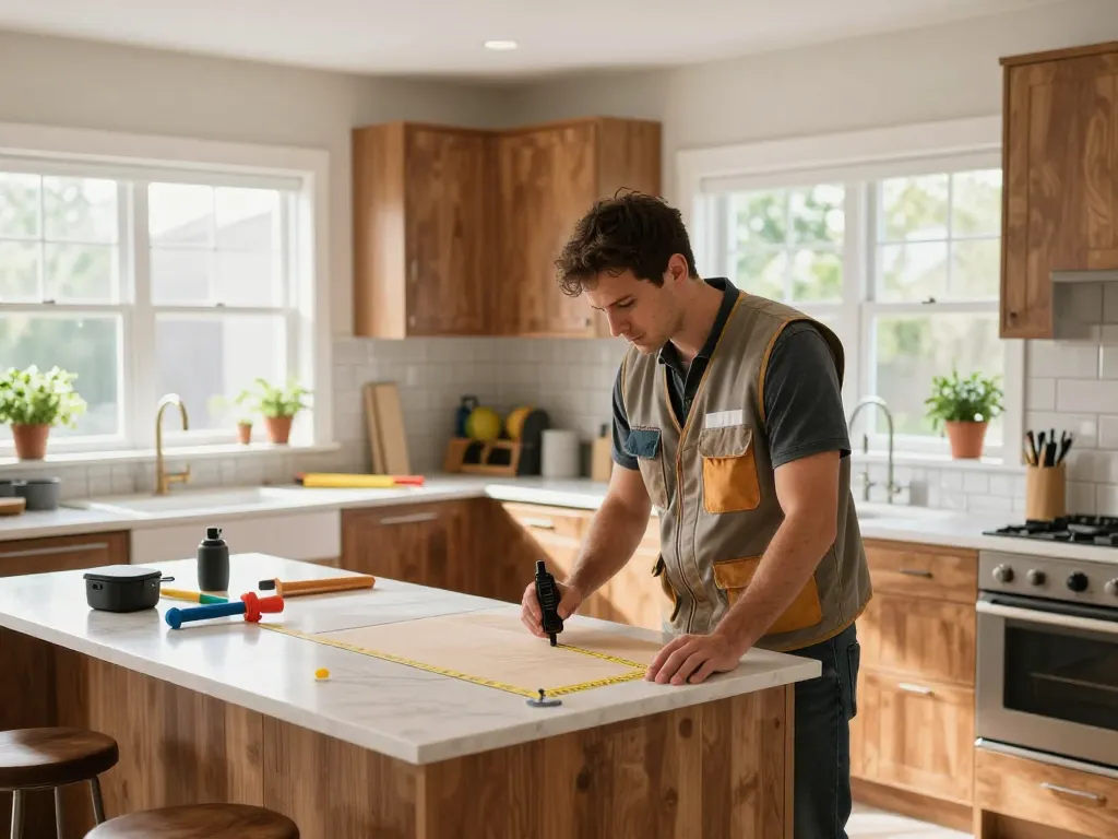 Kitchen remodeling at https://www.crediblekb.com with a contractor measuring new cabinetry in a bright, modern space.