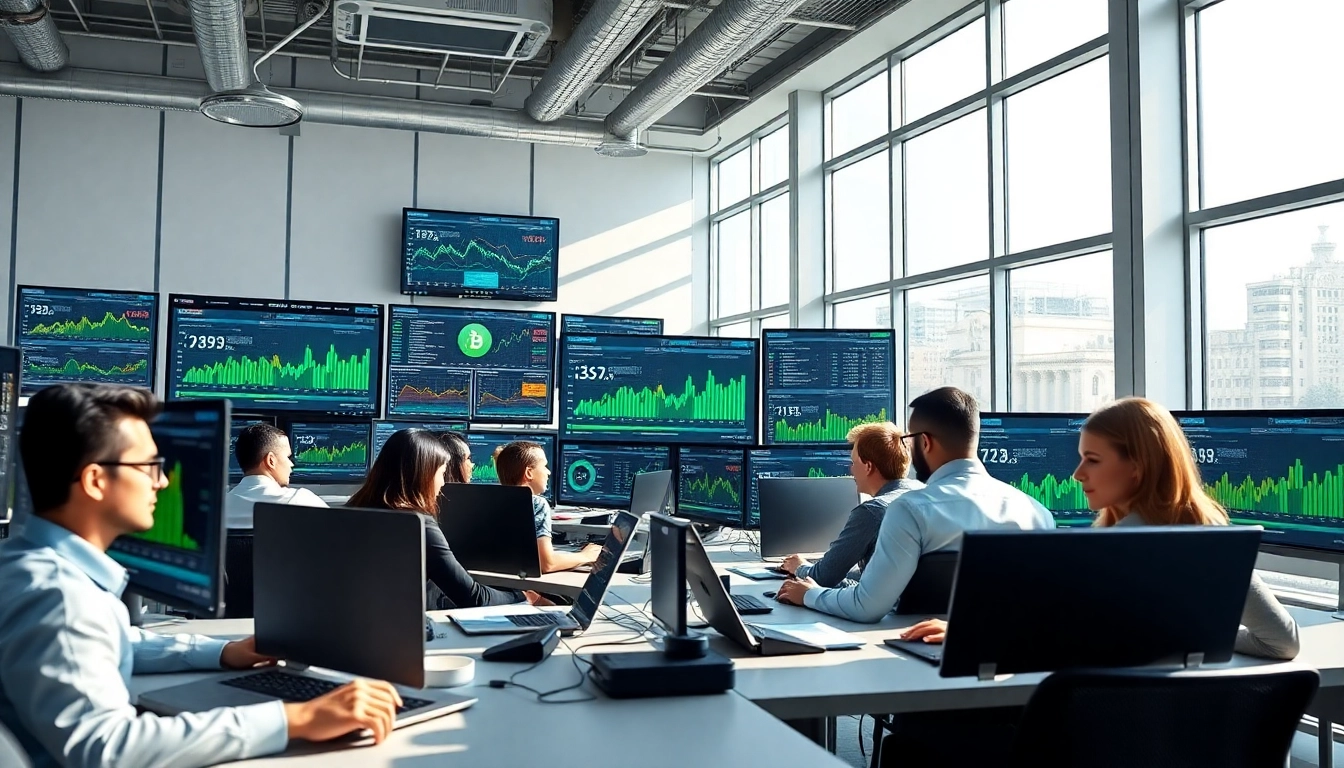 Engaged professionals analyzing top cloud mining statistics in a modern office.