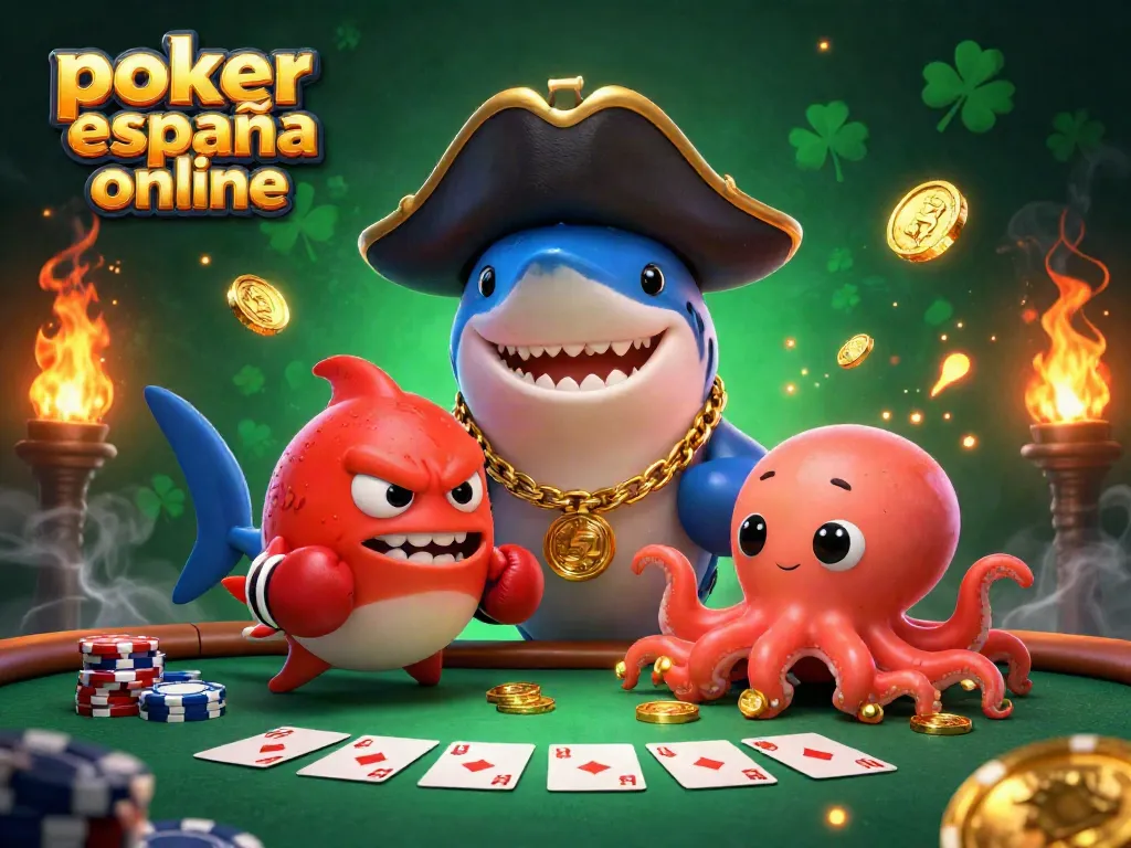 Juega al poker españa online con un tiburón pirata, pez globo y pulpo rodeados de fichas y cartas.
