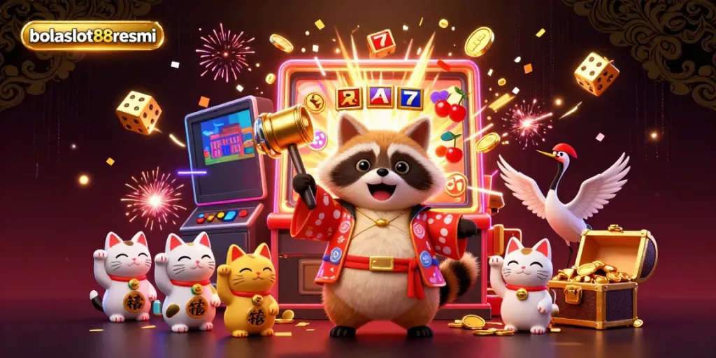 Experience the rich world of bolaslot88resmi with a cheerful tanuki and exciting casino elements like slot machines and golden dice.