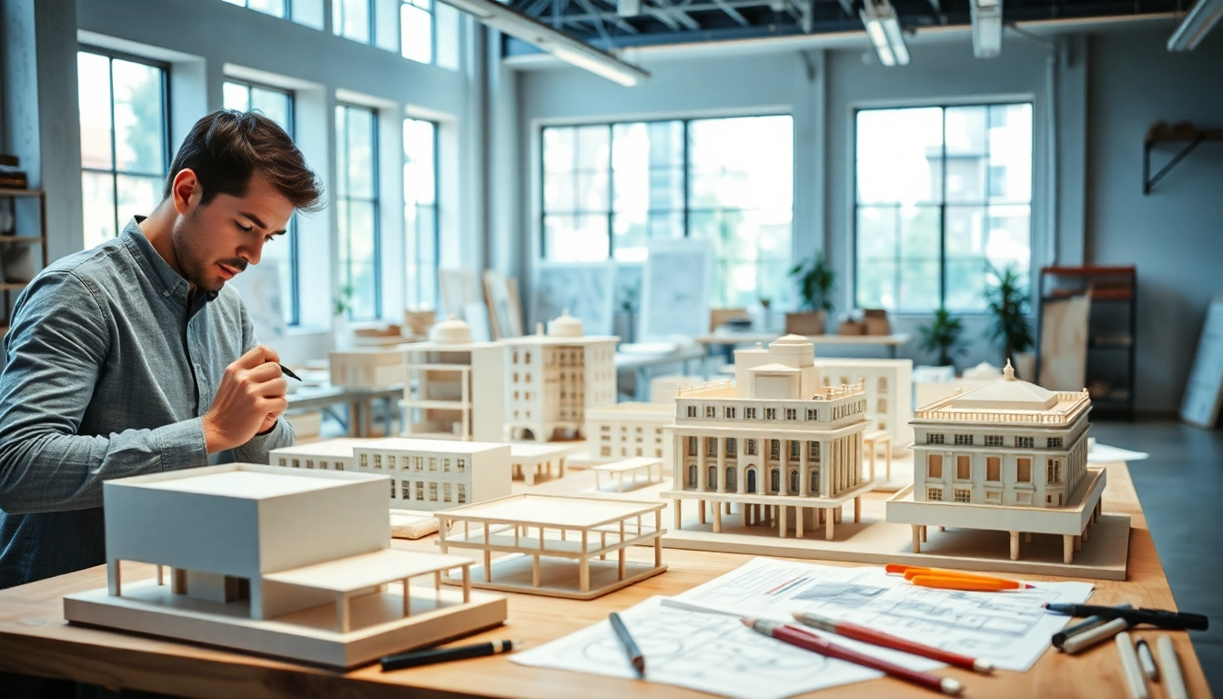 Architekturmodellbau Saarbrücken: Innovative Modelle in einem modernen Designstudio mit Künstlern bei der Arbeit.
