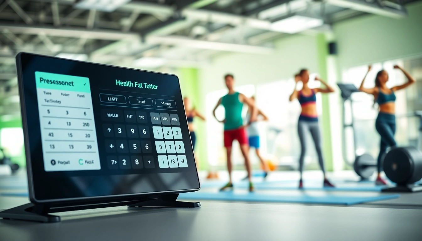 Calculate body fat percentage calculator using modern digital tools in a vibrant gym.