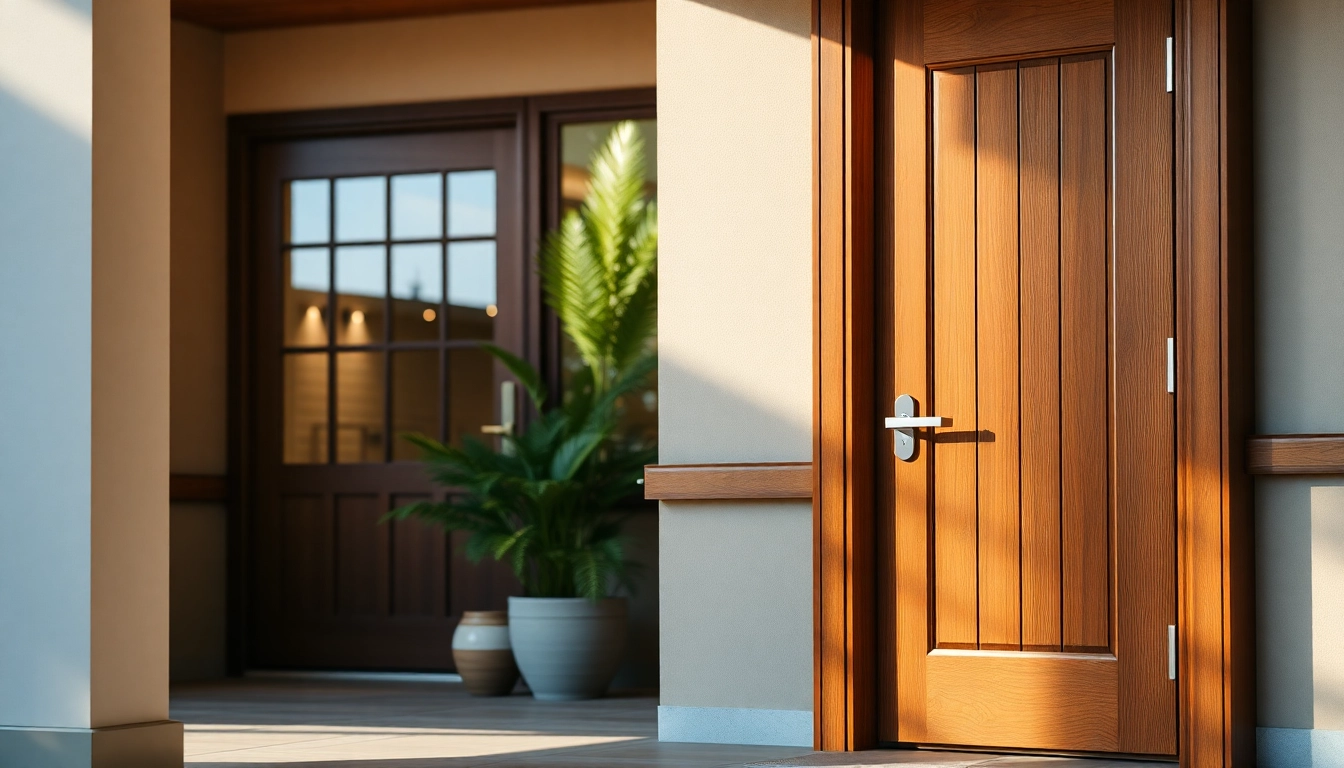 Showcasing elegant wooden doors as the focal point in a modern home entryway.