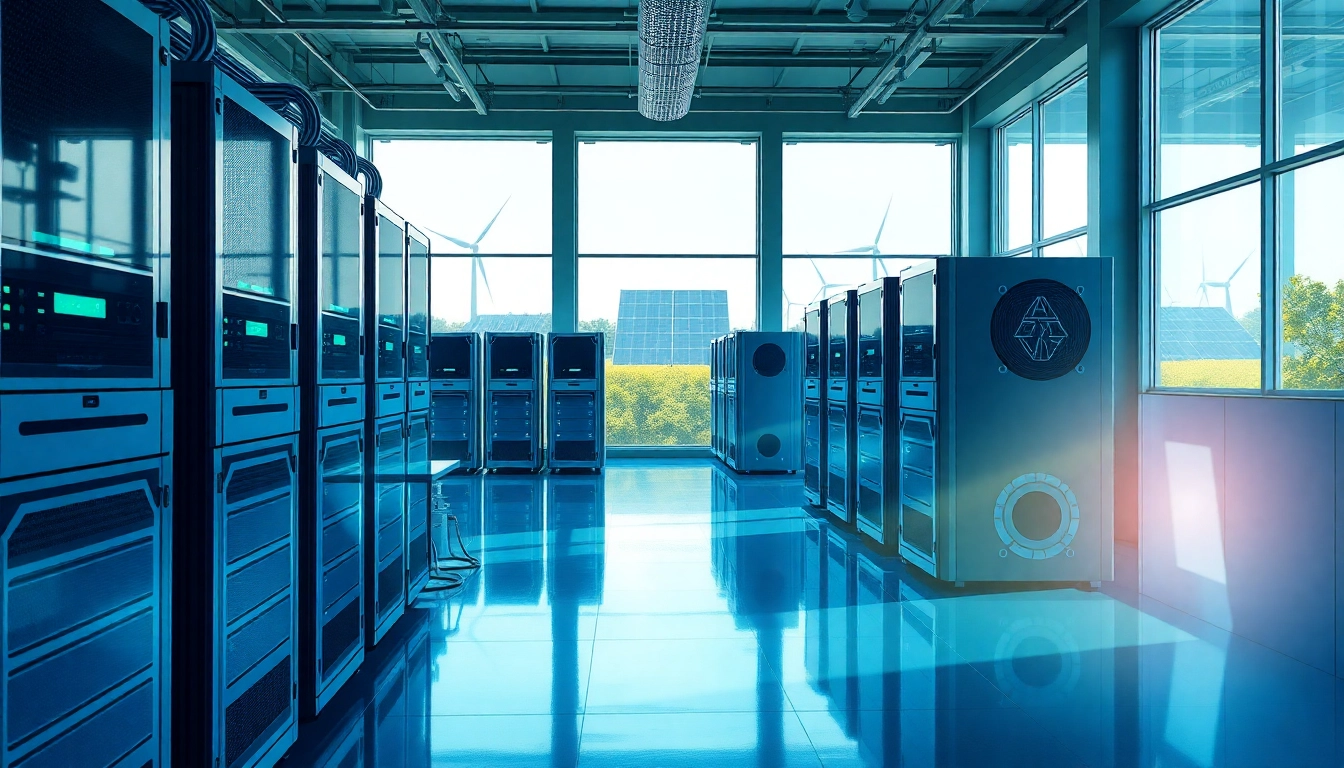 Futuristic cryptocurrency mining facility emphasizing dogecoin cloud mining profit with AI-driven technology and renewable energy.