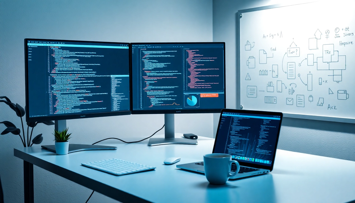 Software engineering workspace with dual-screen monitors and coding tools