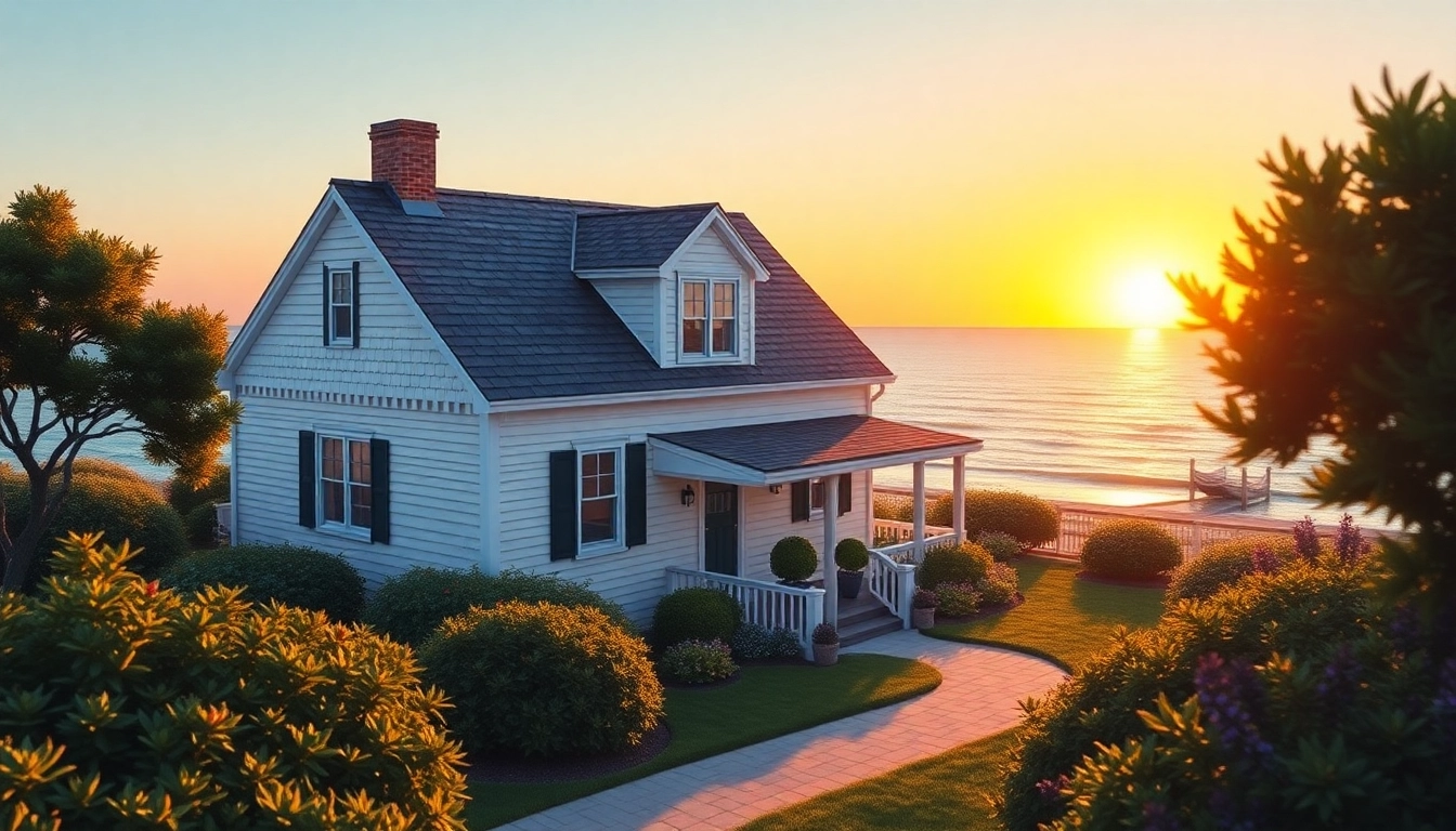 Beautifully designed cape cod home surrounded by lush landscaping in a coastal setting.