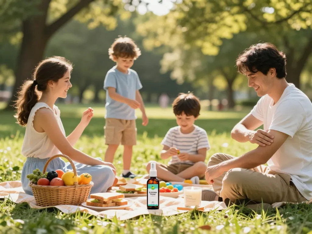 Family applying mosquito repellent during summer picnic for effective outdoor protection