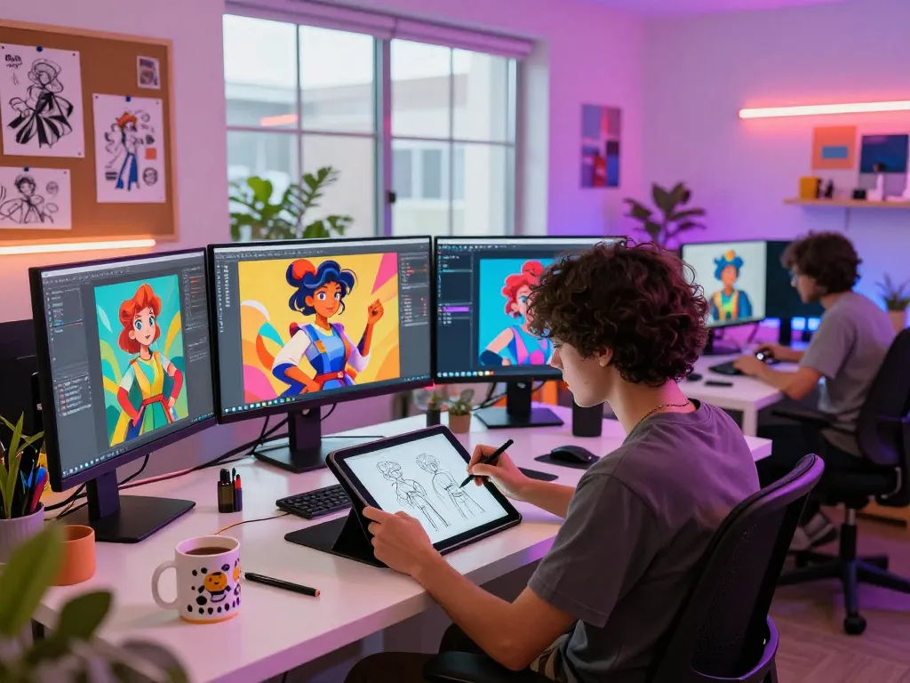 Creative artist designing NSFW AI characters in a vibrant studio, featuring colorful screens and art supplies.