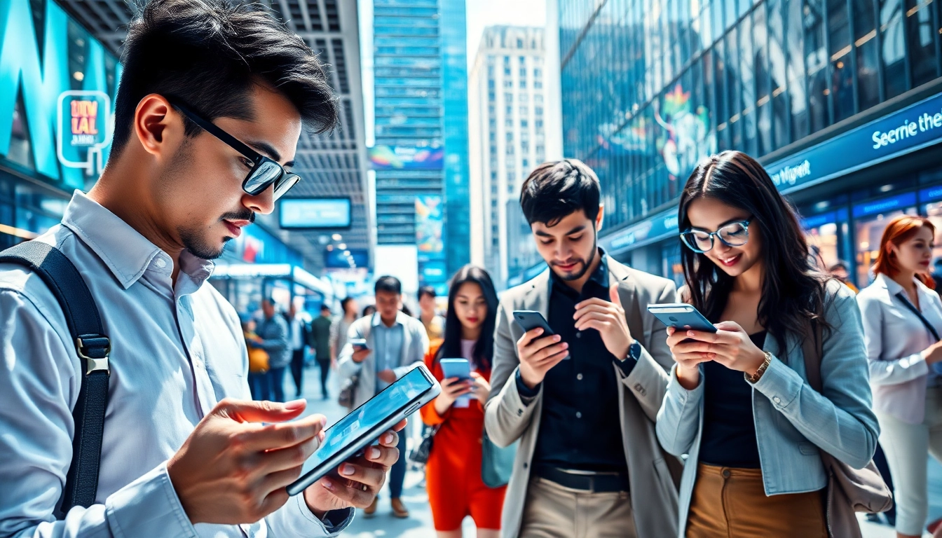 Discover innovative Technology through users engaging with futuristic devices in a vibrant urban scene.