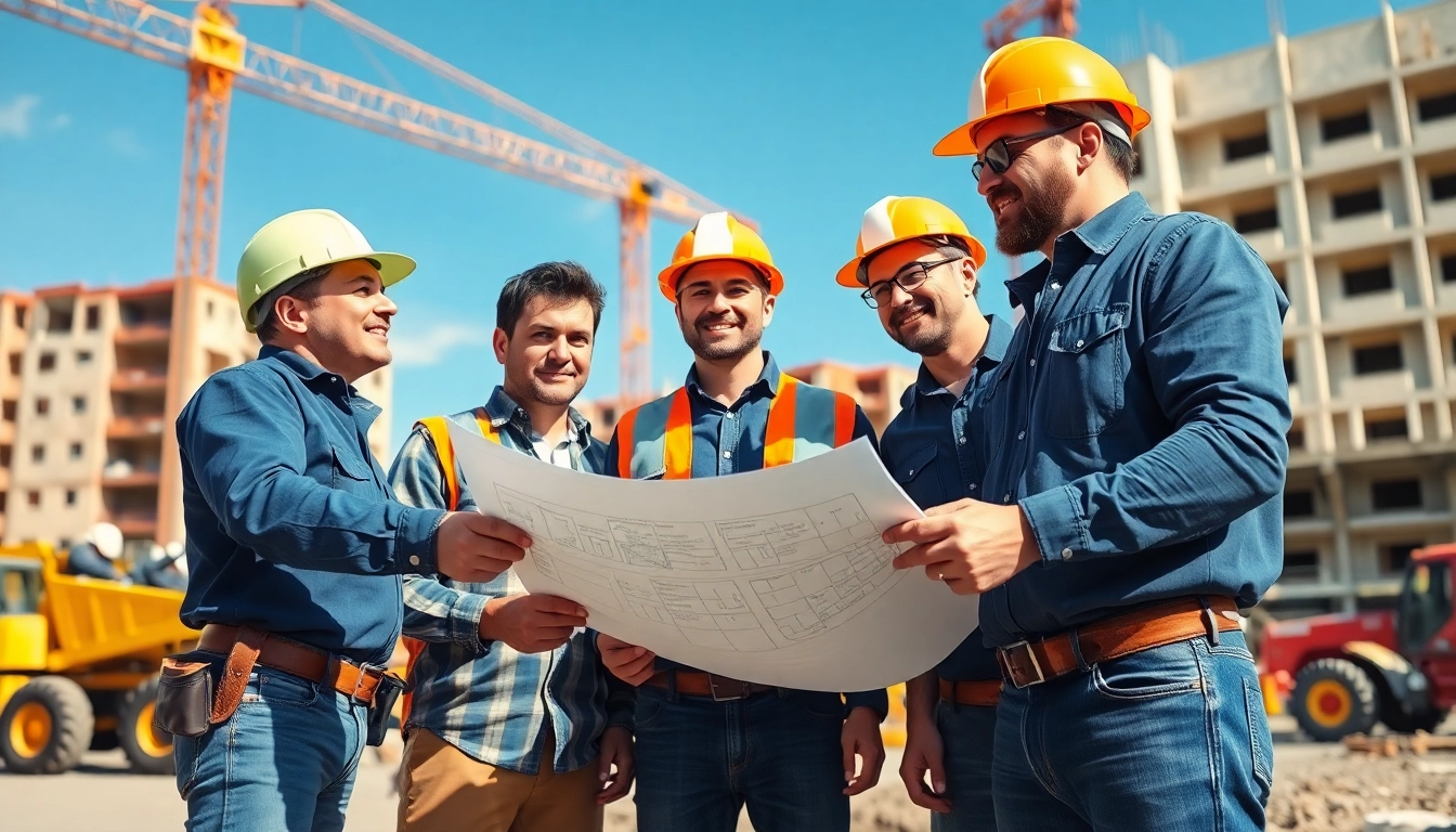 Construction association members reviewing blueprints on a vibrant job site.