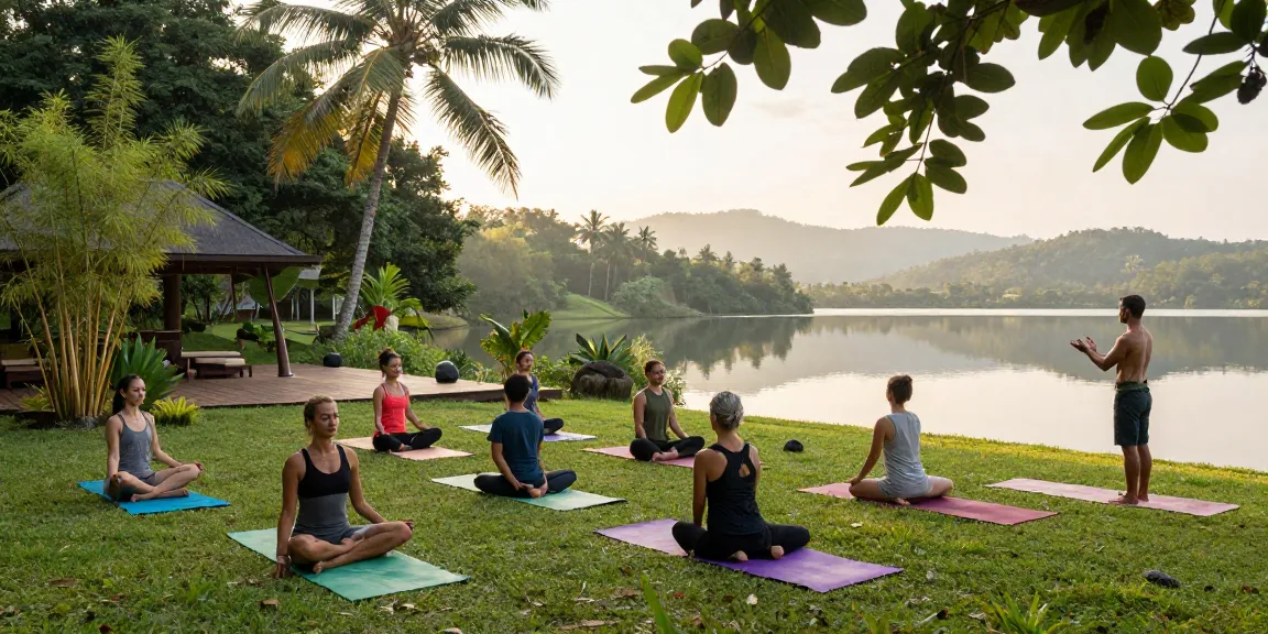 Lanka Yoga retreat scene at Koggala Lake, diverse group in yoga poses under morning light.