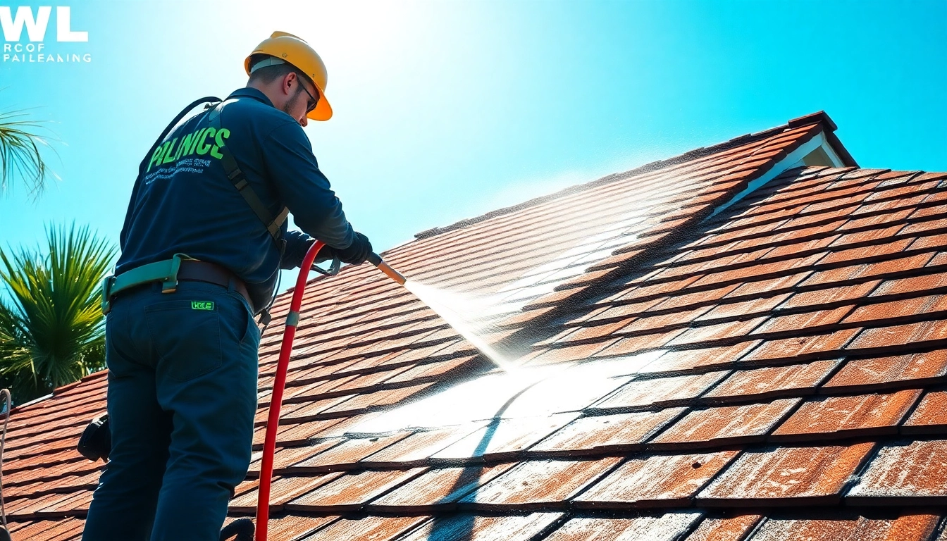 Roof cleaning service in Kissimmee, FL, showcasing professionals using eco-friendly techniques.