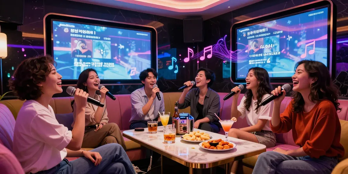 Friends enjoying a lively night at 강남가라오케 in a luxurious karaoke room with drinks and festive lighting.