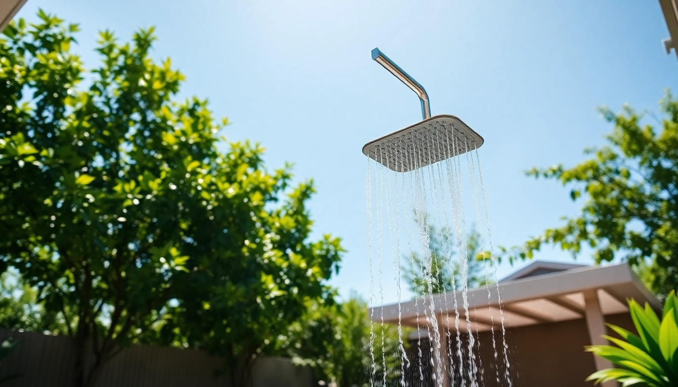 Enjoy a refreshing sunny shower USA experience with a modern outdoor shower design surrounded by nature.