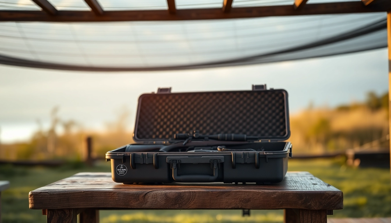 Showcasing a pelican rifle case on a rustic table amidst a serene outdoor setting, highlighting its premium design.